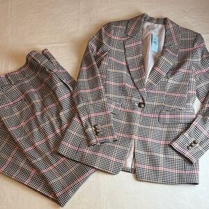 LOFT Pink Black Plaid Jacket Size 00P Vest XXSP Peyton Wide Leg Trouser Size 0